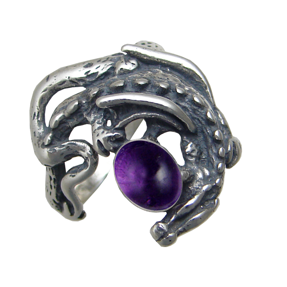 Sterling Silver Dragon of Protection Ring With Amethyst Size 7